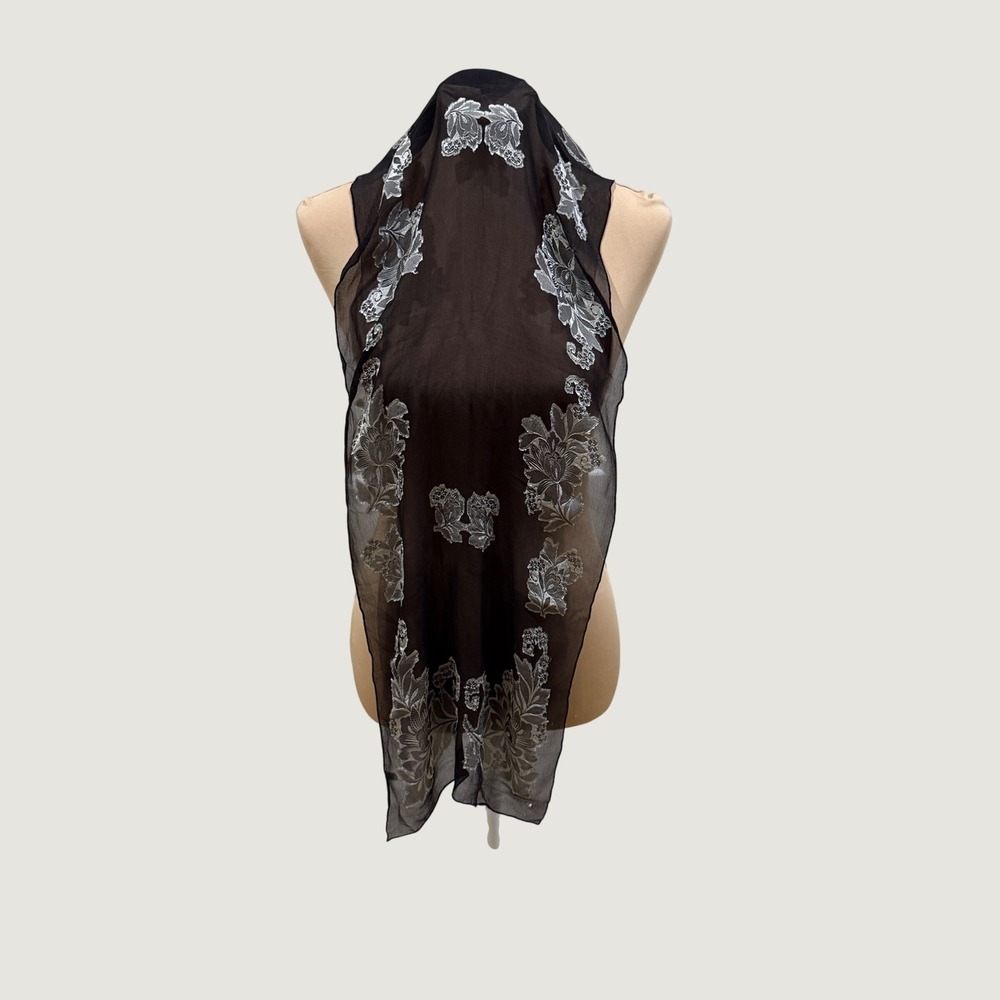 Glentex Vintage Scarf Black Silver Delicate Silk Blend Floral Embroidery *READ
